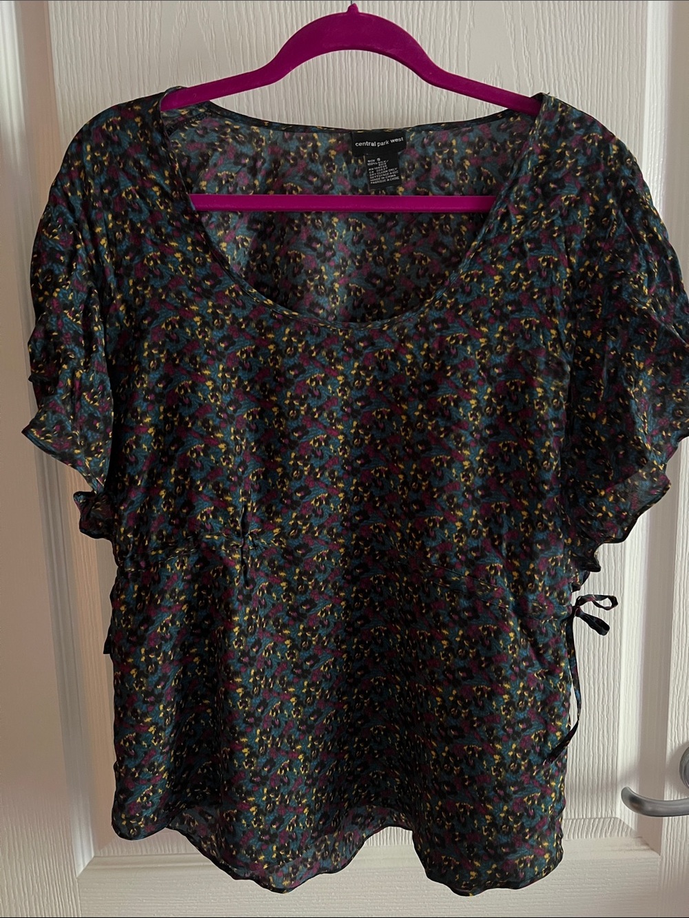 Central Park West Black Floral Print Short Flutter Sleeve Blouse